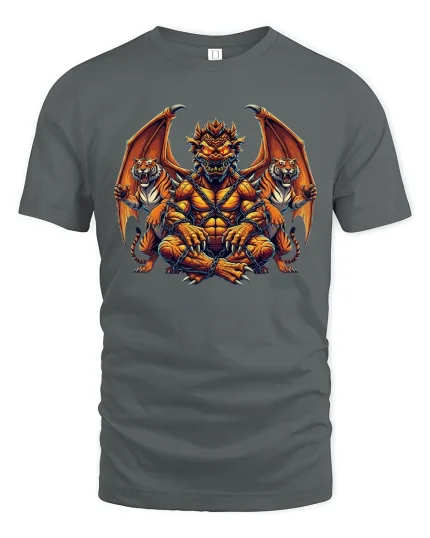 Chained Dragon Beast Guardian Graphic Tshirt With Fierce Mythic Power - gray t-shirt on white background