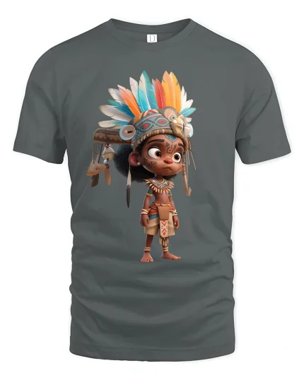 Colorful Tribal Spirit Child Fantasy Graphic Tshirt With Cultural Art - gray t-shirt on white background