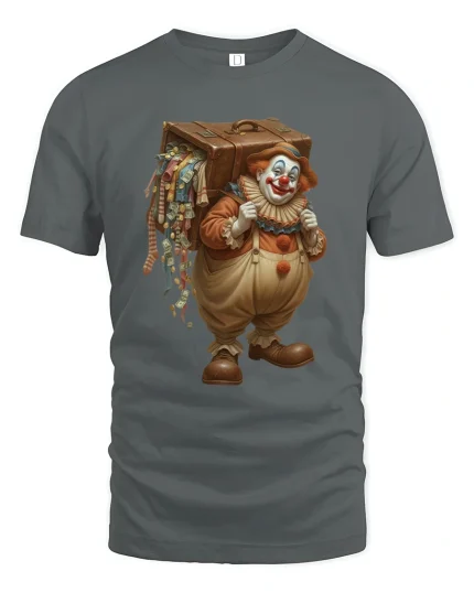 Funny Traveling Clown With Suitcase Money Graphic Tshirt Art - gray t-shirt on white background