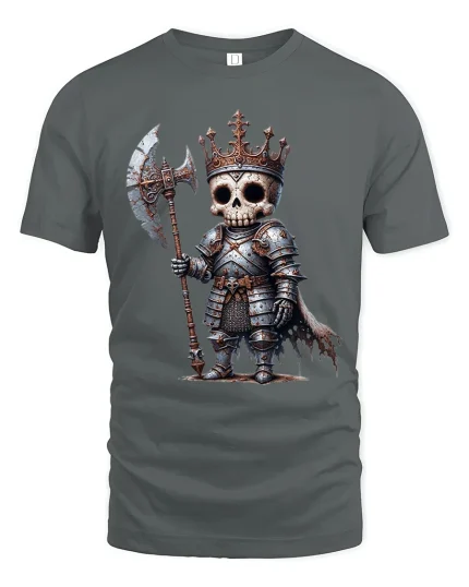 Cute Skeleton King Warrior Fantasy Graphic Tshirt With Dark Charm - gray t-shirt on white background