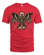 Holy Winged Skull Knight Fantasy Graphic Tshirt With Sacred Power - red t-shirt on white background