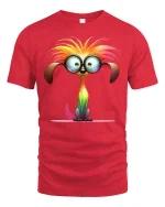 Funny Big Eyed Rainbow Creature Cartoon Graphic Tshirt Art - red t-shirt on white background