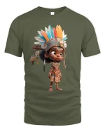 Colorful Tribal Spirit Child Fantasy Graphic Tshirt With Cultural Art - military green t-shirt on white background