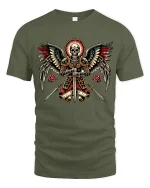 Holy Winged Skull Knight Fantasy Graphic Tshirt With Sacred Power - military green t-shirt on white background