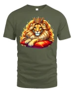 Majestic Royal Lion King Crown Fantasy Graphic Tshirt Art - military green t-shirt on white background