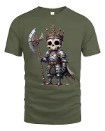 Cute Skeleton King Warrior Fantasy Graphic Tshirt With Dark Charm - military green t-shirt on white background