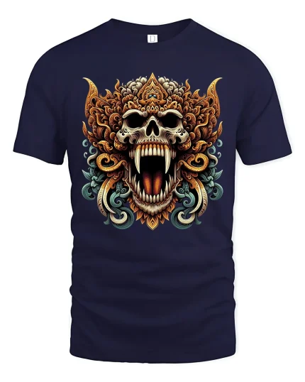 Ferocious Tribal Skull Demon Fantasy Graphic Tshirt With Savage Energy - navy t-shirt on white background