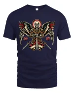 Holy Winged Skull Knight Fantasy Graphic Tshirt With Sacred Power - navy t-shirt on white background