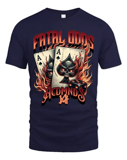 Fatal Odds Skull Aces Dice Gambling Graphic Tshirt With Fire Art - navy t-shirt on white background