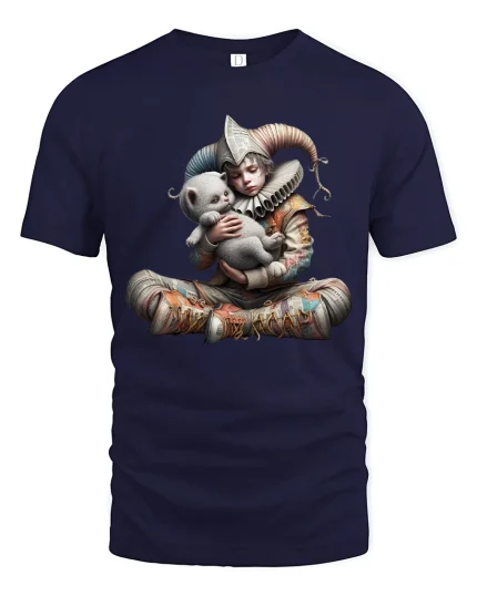 Whimsical Jester Child Hugging Cat Fantasy Graphic Tshirt Art - navy t-shirt on white background
