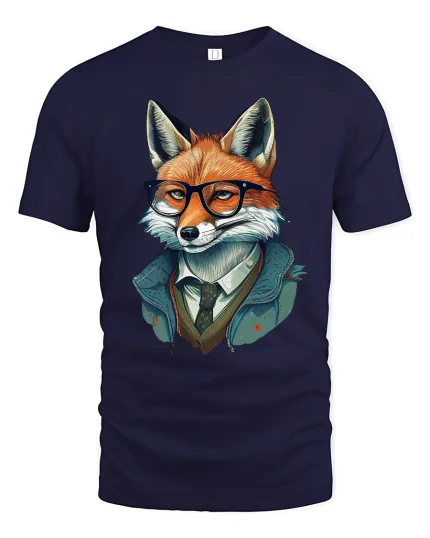 Smart Fox Gentleman Wearing Glasses Stylish Graphic Tshirt Art - navy t-shirt on white background