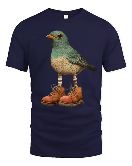 Funny Bird Wearing Boots Whimsical Animal Graphic Tshirt Art - navy t-shirt on white background