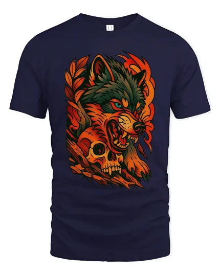 Ferocious Wolf Skull Fire Spirit Dark Fantasy Graphic Tshirt Art - navy t-shirt on white background