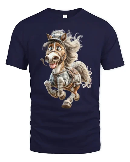 Funny Happy Cartoon Horse Running Free Graphic Tshirt Art - navy t-shirt on white background
