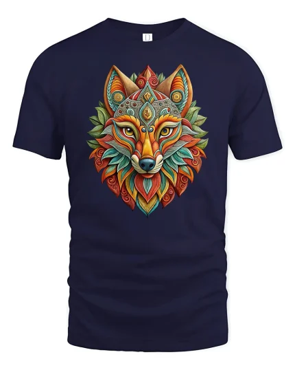 Colorful Sacred Fox Spirit Mandala Fantasy Graphic Tshirt Art - navy t-shirt on white background