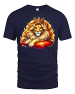 Majestic Royal Lion King Crown Fantasy Graphic Tshirt Art - navy t-shirt on white background