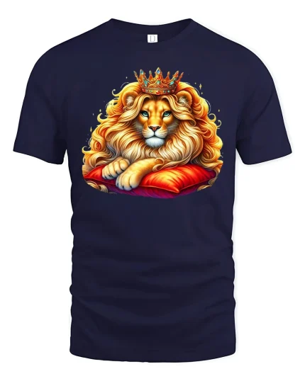 Majestic Royal Lion King Crown Fantasy Graphic Tshirt Art - navy t-shirt on white background