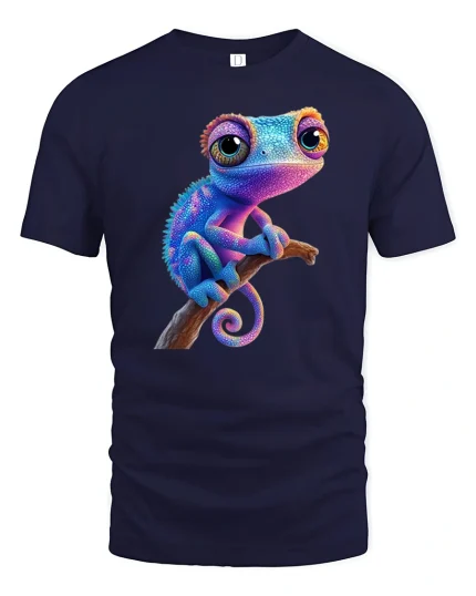 Cute Rainbow Chameleon Big Eyes Fantasy Graphic Tshirt Art - navy t-shirt on white background