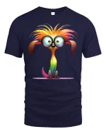 Funny Big Eyed Rainbow Creature Cartoon Graphic Tshirt Art - navy t-shirt on white background