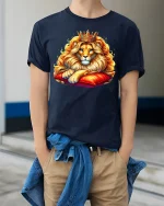 Majestic Royal Lion King Crown Fantasy Graphic Tshirt Art - model wearing navy tee with hands in pockets