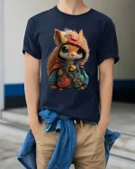 Cute Forest Squirrel Traveler Graphic Tshirt With Cozy Adventure Vibes - model wearing navy tee with hands in pockets