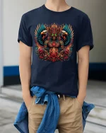 Infernal Skull King With Eagles Dark Fantasy Graphic Tshirt Art - model wearing navy tee with hands in pockets