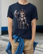 Cute Skeleton King Warrior Fantasy Graphic Tshirt With Dark Charm - model wearing navy tee with hands in pockets