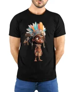 Colorful Tribal Spirit Child Fantasy Graphic Tshirt With Cultural Art - model wearing black tee with hands behind back