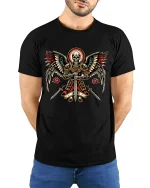 Holy Winged Skull Knight Fantasy Graphic Tshirt With Sacred Power - model wearing black tee with hands behind back