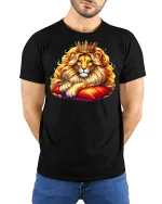 Majestic Royal Lion King Crown Fantasy Graphic Tshirt Art - model wearing black tee with hands behind back