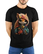 Cute Forest Squirrel Traveler Graphic Tshirt With Cozy Adventure Vibes - model wearing black tee with hands behind back