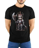 Cute Skeleton King Warrior Fantasy Graphic Tshirt With Dark Charm - model wearing black tee with hands behind back