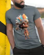 Colorful Tribal Spirit Child Fantasy Graphic Tshirt With Cultural Art - model wearing grey tee, leaning on column