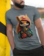 Cute Forest Squirrel Traveler Graphic Tshirt With Cozy Adventure Vibes - model wearing grey tee, leaning on column