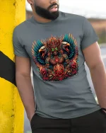 Infernal Skull King With Eagles Dark Fantasy Graphic Tshirt Art - model wearing grey tee, leaning on column