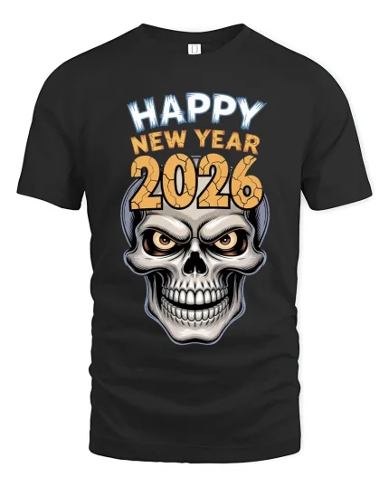 Happy New Year 2026 Skull Graphic Tshirt Bold Party Style - black t-shirt on white background
