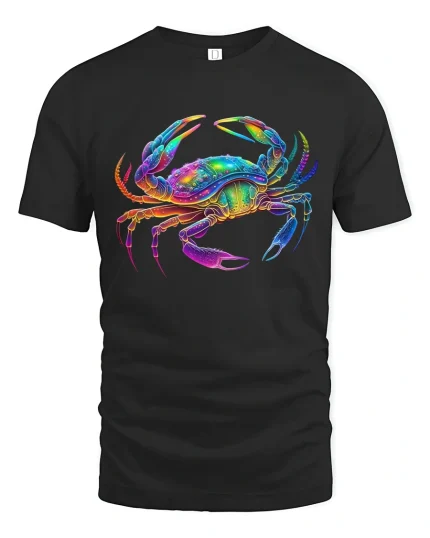 Colorful Cosmic Crab Psychedelic Ocean Art Graphic Tshirt - black t-shirt on white background