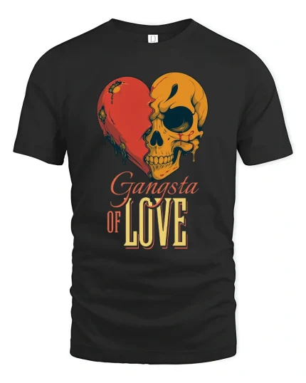Gangsta of Love Skull Heart Graphic Tshirt Street Art Style - black t-shirt on white background