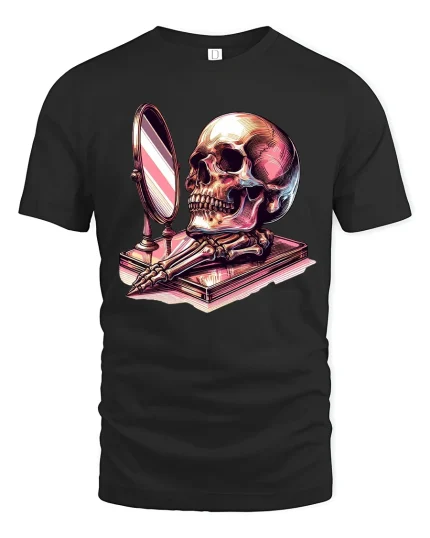 Skull Mirror Reflection Gothic Art Graphic Tshirt Dark Style - black t-shirt on white background