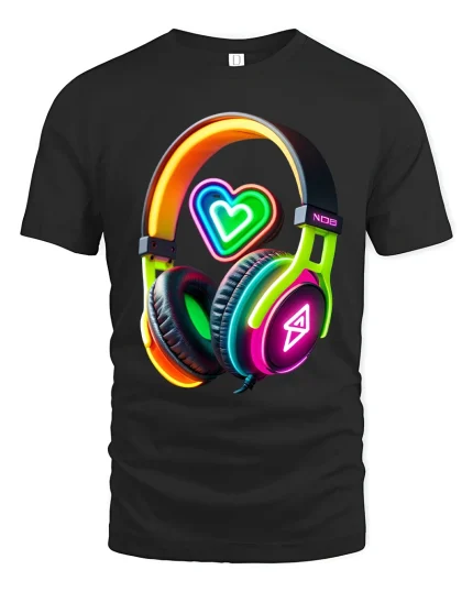 Neon Heart Headphones Music Lover Graphic Tshirt Vibe Art - black t-shirt on white background