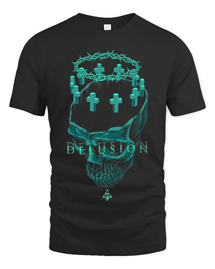 Delusion Crown Skull Graphic Tshirt Dark Gothic Art Design - black t-shirt on white background