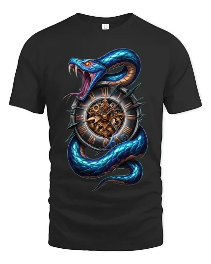 Time Serpent Clock Snake Graphic Tshirt Dark Fantasy Art - black t-shirt on white background