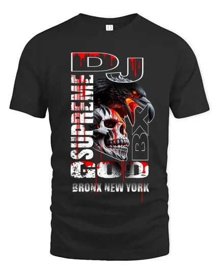 DJ Supreme God BX Bronx New York Skull Graphic Tshirt Art - black t-shirt on white background
