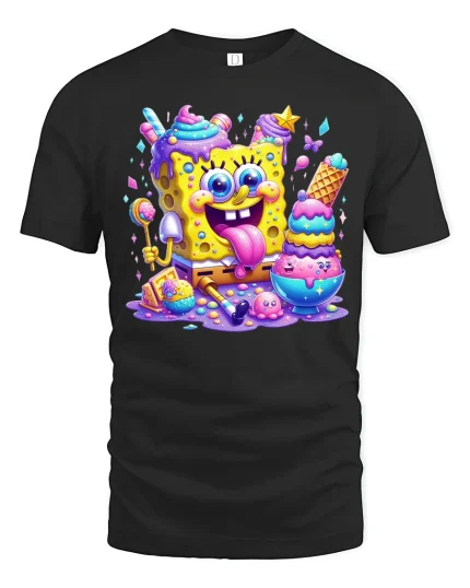 Colorful Candy Cartoon Ice Cream Fantasy Graphic T Shirt Fun Art - black t-shirt on white background
