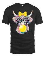 Cute Colorful Highland Cow Bubble Gum Graphic T Shirt Fun Art - black t-shirt on white background
