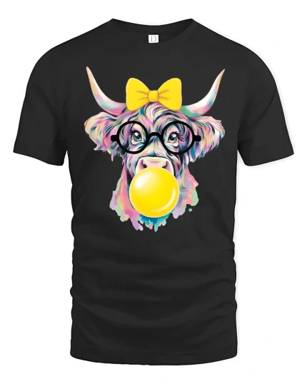 Cute Colorful Highland Cow Bubble Gum Graphic T Shirt Fun Art - black t-shirt on white background