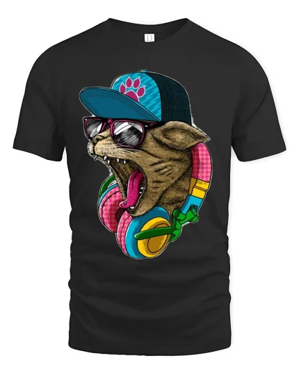 Cool Bear DJ Headphones Street Art Graphic Tshirt Design - black t-shirt on white background