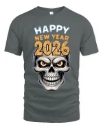 Happy New Year 2026 Skull Graphic Tshirt Bold Party Style - gray t-shirt on white background