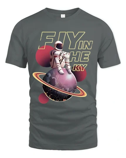 Fly In The Sky Astronaut Planet Space Graphic Tshirt Art - gray t-shirt on white background