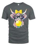 Cute Colorful Highland Cow Bubble Gum Graphic T Shirt Fun Art - gray t-shirt on white background